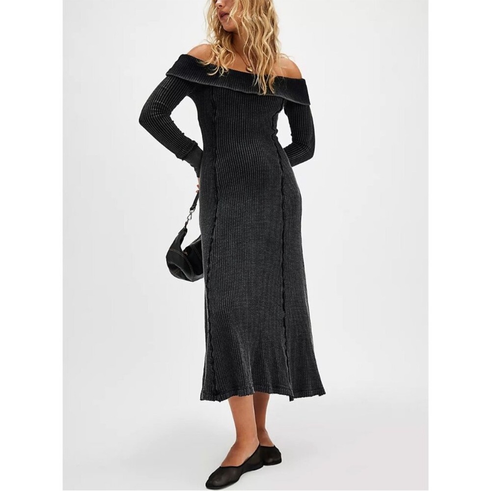 SOLD Free People Black Off-Shoulder Long Sleeve Dress
